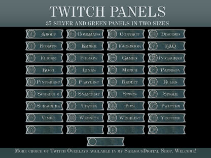Dark silver Twitch panels, minimalist stream overlays with dark green canvas background for Streamers and Vtubers. Suitable for squads of Roman legions, Vikings, knights, crusaders or warriors of other ages. 37 stream panels for fans of historical battles and fantasy war games, as well as for military games dedicated to aviation, armored vehicles, naval, FPS, RPG and other