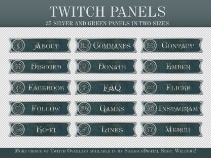 Dark silver Twitch panels, minimalist stream overlays with dark green canvas background for Streamers and Vtubers. Suitable for squads of Roman legions, Vikings, knights, crusaders or warriors of other ages. 37 stream panels for fans of historical battles and fantasy war games, as well as for military games dedicated to aviation, armored vehicles, naval, FPS, RPG and other