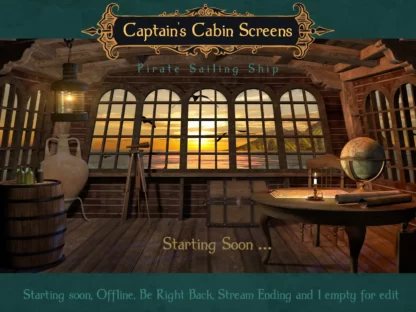 Pirate vtuber background, stream screens, animated overlays for Twitch streams from a captain's cabin of an old sailing ship. For gamers, streamers and Vtubers for streaming pirate video games and just chatting. Piratecore, sea adventures, ocean, nautical, Caribbean theme. Starting Soon, Be Right Back, Offline, Stream Ending and virtual Vtuber background without text