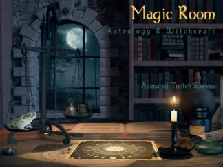 Magic stream screens, vtuber background, animated overlays for Twitch streams from a medieval room with occult spirit. Starting Soon, Be Right Back, Offline, Stream Ending and virtual VTuber background without text