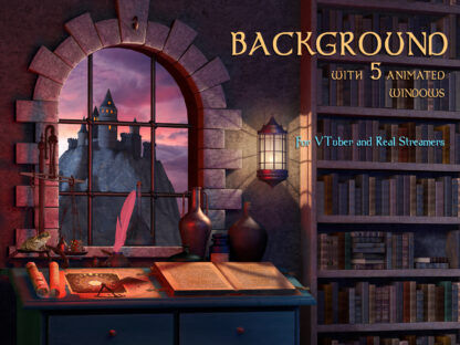 Vtuber background dark academia library, stream overlay medieval magic room with 5 animated windows. Twitch and YouTube overlays for vtubers and streamers. Fantasy, astrology, witchcraft, adventure, wizards, dark academia aesthetic. Library of esoteric books, witches or alchemists office with 5 landscape animations in window