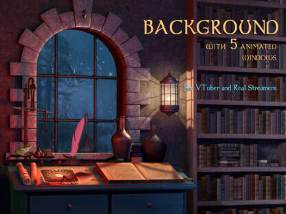 Vtuber background dark academia library, stream overlay medieval magic room with 5 animated windows. Twitch and YouTube overlays for vtubers and streamers. Fantasy, astrology, witchcraft, adventure, wizards, dark academia aesthetic. Library of esoteric books, witches or alchemists office with 5 landscape animations in window