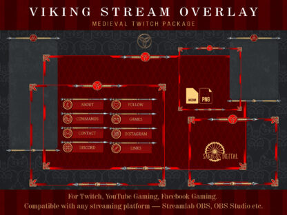 Alt Medieval Twitch Overlay Package, red royal stream panels, animated webcam borders, chat boxes for fans of Celtic, historical themes, MOBA, RPG adventures. For video games streaming and just chatting for streamers and vtubers