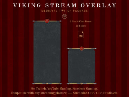 Alt Medieval Twitch Overlay Package, red royal stream panels, animated webcam borders, chat boxes for fans of Celtic, historical themes, MOBA, RPG adventures. For video games streaming and just chatting for streamers and vtubers