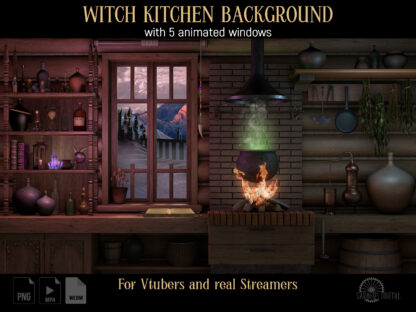 Animated Vtuber Background, Witch Twitch Overlay, Streamer Magic Room, Cozy Witch Kitchen, Witchcraft, Wicca, Pagan, Dark Academia, Fantasy