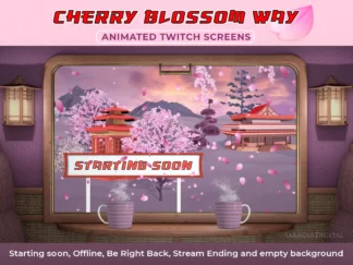 Cherry blossom Twitch screens and animated vtuber background, stream overlay, cute retro train and sakura. Railway stations Starting Soon, Be Right Back, Offline, Stream Ending fly past the window, as well as Japanese spring scenery with falling sakura petals. Style elements: Cute, Pink, Retro, 20th century aesthetic