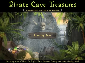 Pirate Twitch stream screens, animated overlay package for streamers and vtubers. Pirate video game streaming, just chatting. Sea, pirate cave, treasure, skull. Caribbean beach thieves island, adventures