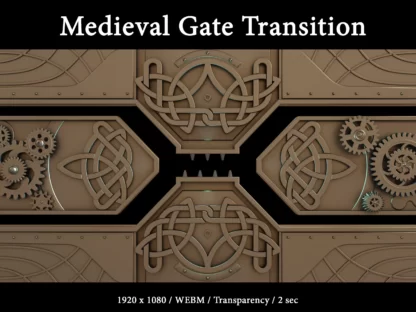 Medieval Twitch transition, fantasy stream overlay, stinger transition for stream scene change. Fantasy metal gate of the wizarding world, Celtic decor