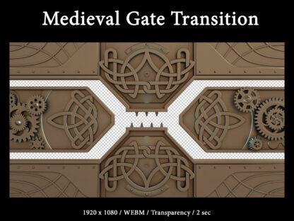Medieval Twitch transition, fantasy stream overlay, stinger transition for stream scene change. Fantasy metal gate of the wizarding world, Celtic decor