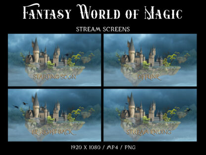 Fantasy world stream overlays — Starting Soon, BRB, Offline, animated screens for Twitch, YouTube Gaming, and Facebook Gaming. Twitch overlays for streamers and vtubers, for fans of fantasy role-playing video games. Adventures, wizarding castle, world of dragons, magic, witchcraft, potions and spells, dark academia aesthetic
