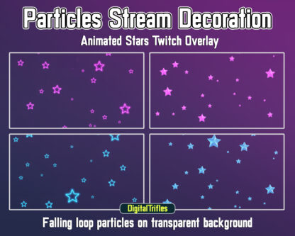 Cute colorful stars stream decoration, animated Twitch overlays. Holiday streaming assets for streamers and vtubers, colored sparkle falling particles. Neon glowing yellow, green, blue, purple stars on a transparent background are perfect for decorating live streams, games, vtuber background or just chatting