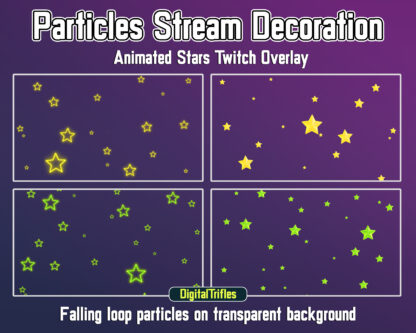 Cute colorful stars stream decoration, animated Twitch overlays. Holiday streaming assets for streamers and vtubers, colored sparkle falling particles. Neon glowing yellow, green, blue, purple stars on a transparent background are perfect for decorating live streams, games, vtuber background or just chatting