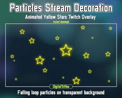 Cute yellow stars stream decoration, animated Twitch overlays. Holiday streaming assets for streamers and vtubers, sparkle falling particles. Neon glowing stars on a transparent background are perfect for decorating live streams, games, vtuber background or just chatting