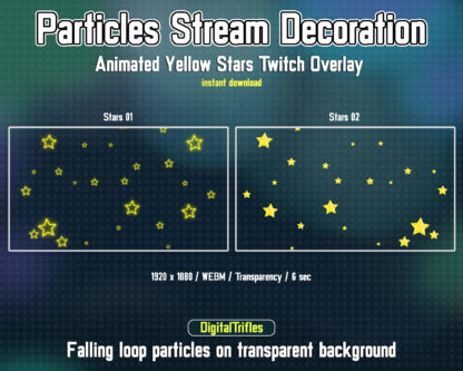 Cute yellow stars stream decoration, animated Twitch overlays. Holiday streaming assets for streamers and vtubers, sparkle falling particles. Neon glowing stars on a transparent background are perfect for decorating live streams, games, vtuber background or just chatting