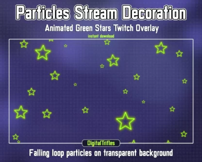 Cute green stars stream decoration, animated Twitch overlays. Holiday streaming assets for streamers and vtubers, sparkle falling particles. Neon glowing stars on a transparent background are perfect for decorating live streams, games, vtuber background or just chatting