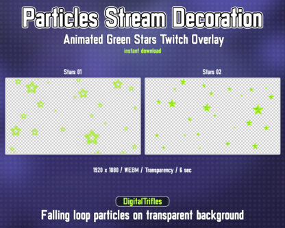Cute green stars stream decoration, animated Twitch overlays. Holiday streaming assets for streamers and vtubers, sparkle falling particles. Neon glowing stars on a transparent background are perfect for decorating live streams, games, vtuber background or just chatting