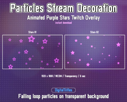 Cute purple stars stream decoration, animated Twitch overlays. Holiday streaming assets for streamers and vtubers, sparkle falling particles. Neon glowing stars on a transparent background are perfect for decorating live streams, games, vtuber background or just chatting
