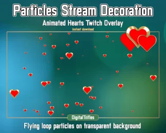 Flying red hearts Twitch overlay, cute stream decoration. Animated Vtuber background, aesthetic hearts red with gold on transparent background. Love, romance, Valentine's day theme assets for Streamers