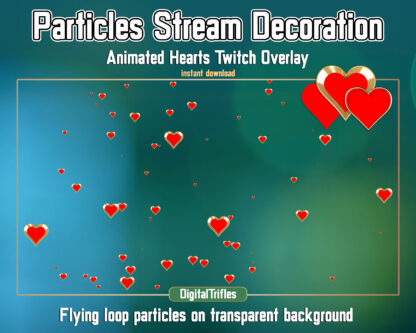 Flying red hearts Twitch overlay, cute stream decoration. Animated Vtuber background, aesthetic hearts red with gold on transparent background. Love, romance, Valentine's day theme assets for Streamers