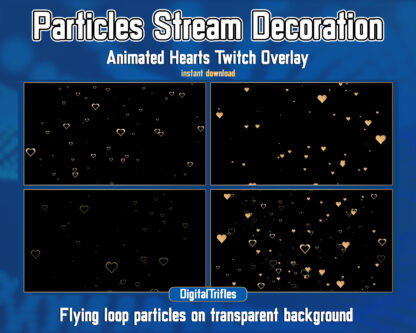 Flying gold hearts animated Twitch overlays are romantic stream decorations. Golden hearts on transparent background, glamor and charm assets for streamers and vtubers. Love, Valentine's day