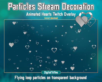 Silver hearts animated stream decoration, cute Twitch overlay. Falling graceful hearts on a transparent background. Streamer and vtuber assets, romance add-on on streaming scenes, love, friendship, Valentine's day