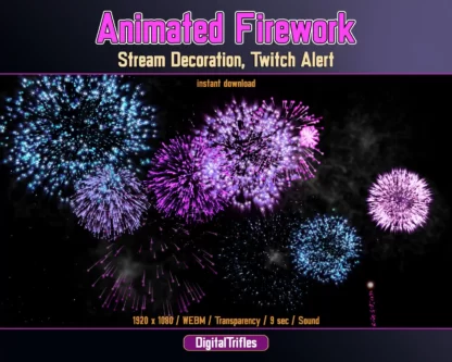 Animated fireworks Twitch alert, full screen multi color overlay. Stream decoration for IRL, game streaming and just chatting for streamers and Vtubers, perfectly for new subs, cheers, bits, also for celebrating Christmas, New Year, Birthday etc. Transparent, WEBM, fireworks sound is included