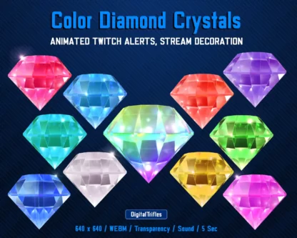Sparkle crystals animated Twitch alerts, colored diamonds, stream decorations for streamer and vtuber channels. 11 sparkling stream overlays with transparent background and sound - pink, red, coral, honey, green, aqua, blue, indigo, purple, clear and rainbow light gems