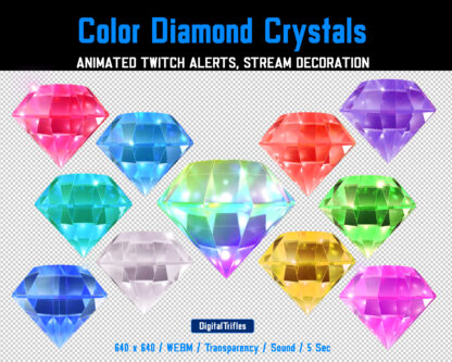 Sparkle crystals animated Twitch alerts, colored diamonds, stream decorations for streamer and vtuber channels. 11 sparkling stream overlays with transparent background and sound - pink, red, coral, honey, green, aqua, blue, indigo, purple, clear and rainbow light gems