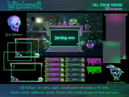 Animated witchy stream overlays — 182 files for games streaming, just chatting or fortune teller for streamers and vtubers. The full Twitch package for witches, magic, gothic, horror, mystic, Halloween: stream screens, alerts, panels, webcam and game borders, chat boxes, transitions, backgrounds