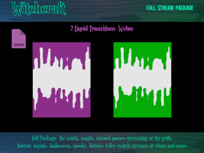Animated witchy stream overlays — 182 files for games streaming, just chatting or fortune teller for streamers and vtubers. The full Twitch package for witches, magic, gothic, horror, mystic, Halloween: stream screens, alerts, panels, webcam and game borders, chat boxes, transitions, backgrounds