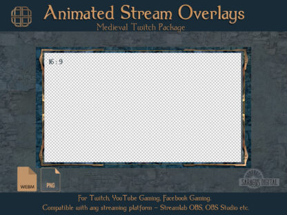 Medieval animated Twitch overlay pack in minimalism design with Celtic elements - camera borders, chats, backgrounds is suitable for MOBA gamers, fans of action strategy and RPG. Take your stream to the Middle Ages - time of adventures and battles, crusades, royal castles, Celts, Vikings, sorcerers, wizards, witches and alchemists