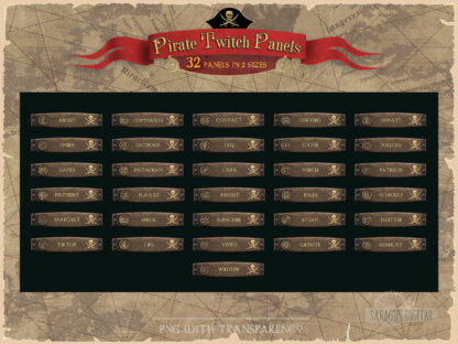 Sea adventures stream overlay, pirate twitch panels for streamers and vtubers, for games streaming and just chatting. Suitable for fans of pirate video games, naval action, RPG, piratecore and more. For lovers of sailing, fighting, plundering and treasure hunting. Dark worn wood stream panels with skull Jolly Roger, golden icons and lettering