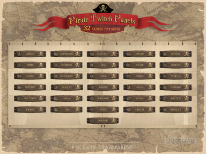 Sea adventures stream overlay, pirate twitch panels for streamers and vtubers, for games streaming and just chatting. Suitable for fans of pirate video games, naval action, RPG, piratecore and more. For lovers of sailing, fighting, plundering and treasure hunting. Dark worn wood stream panels with skull Jolly Roger, golden icons and lettering