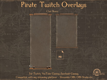 Pirate stream overlays, animated webcam borders and chat boxes with sailing ship elements are suitable for adventure games, action strategy and RPG. Also for just chatting about the seas and oceans, Caribbean thieves, raids and treasures! The backgrounds of old maps will be useful for streamers and vtubers