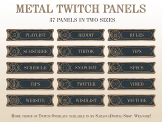 Metal & canvas dark twitch panels, for streamers and vtubers. These stream panels are minimalistic and universal, they are suitable for battles and adventures RPG, fantasy and magic strategies, military campaigns from the middle ages to the 20th century