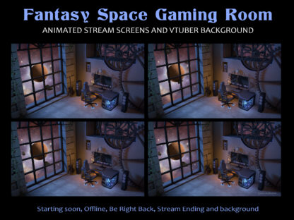 Animated space twitch screens, virtual night room, stream overlay and vtuber background. Dark living room and game zone in space aesthetic, cosmic fantasy with cyberpunk and steampunk elements for gamers, streamers and Vtubers. Starting Soon, Be Right Back, Offline, Stream Ending and virtual background