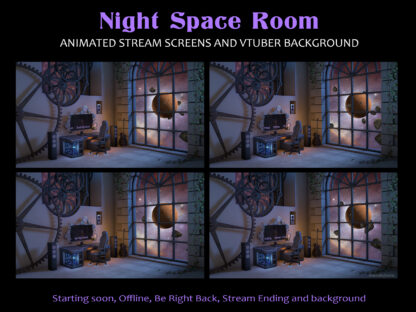 Space stream overlay, fantasy night room — animated Twitch screens and vtuber background. Cozy living room and game zone in space aesthetic, retro futuristic design with cyberpunk and steampunk elements for gamers, streamers and Vtubers. Starting Soon, Be Right Back, Offline, Stream Ending and virtual background