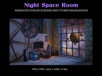 Space stream overlay, fantasy night room — animated Twitch screens and vtuber background. Cozy living room and game zone in space aesthetic, retro futuristic design with cyberpunk and steampunk elements for gamers, streamers and Vtubers. Starting Soon, Be Right Back, Offline, Stream Ending and virtual background