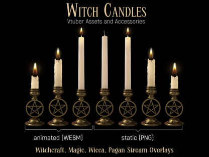 Witch Twitch overlay candles, animated and static Twitch stream decorations, streamer and vtuber assets. Candlesticks with pentacle decor for fantasy Vtuber room, wiccan altar or other witchcraft. Dark academia, gothic, pagan, witchcore, for games streaming, fortune-telling to IRL and just chatting
