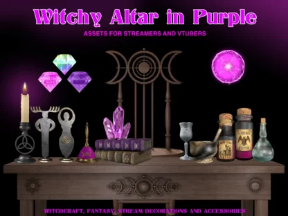 Witch Twitch overlays, vtuber assets, magic stream decoration set in purple colors. This Twitch overlay package of witchy altar supplies is great for decorating vtuber or streamer channels, for game streaming, IRL and just chatting, perfect for creating witch room scenes. For witchcraft, magic, wicca, pagan lovers. Stream decorations for Halloween party