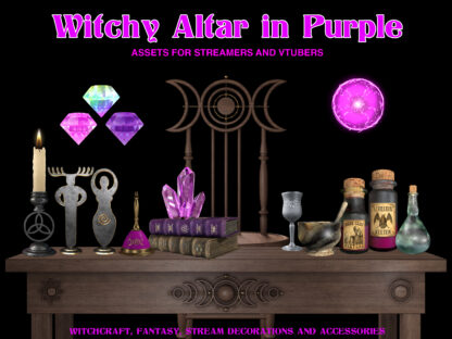 Witch Twitch overlays, vtuber assets, magic stream decoration set in purple colors. This Twitch overlay package of witchy altar supplies is great for decorating vtuber or streamer channels, for game streaming, IRL and just chatting, perfect for creating witch room scenes. For witchcraft, magic, wicca, pagan lovers. Stream decorations for Halloween party