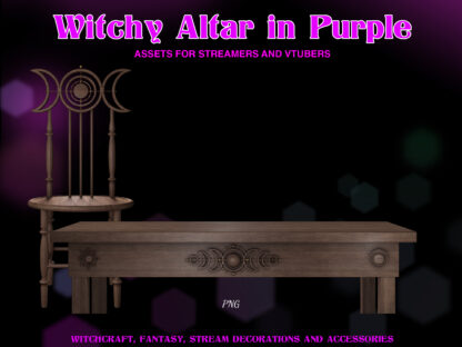 Witchy Twitch overlays, animated and static assets for streamers and vtubers, magic stream set, desk and chair with Moon symbol