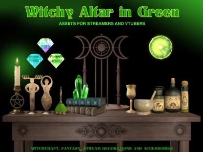 Magic stream overlays, cute witch vtuber assets and decoration, streaming graphics for pagan altar in green colors. This Twitch overlay pack of witchy altar supplies is great for decorating vtuber or streamer channels, for game streaming, IRL and just chatting, perfect for creating magic room scenes. For witchcraft, wicca, pagan lovers. Stream decorations for Halloween party