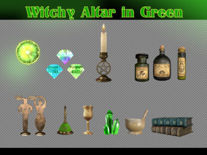 Magic stream overlays, cute witch vtuber assets and decoration, streaming graphics for pagan altar in green colors. This Twitch overlay pack of witchy altar supplies is great for decorating vtuber or streamer channels, for game streaming, IRL and just chatting, perfect for creating magic room scenes. For witchcraft, wicca, pagan lovers. Stream decorations for Halloween party