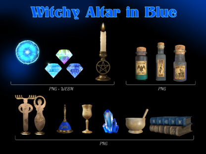 Twitch streamer witchcraft assets, animated stream overlays in blue colors for streamers and vtubers, witchy altar supplies package. This Twitch overlay pack is great for decorating vtuber or streamer channels, for game streaming, IRL and just chatting, perfect for creating magic room scenes. For witchcraft, wicca, pagan lovers. Stream decorations for Halloween party