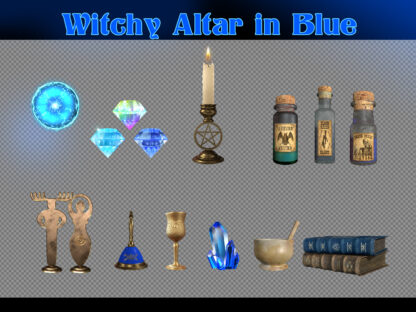 Twitch streamer witchcraft assets, animated stream overlays in blue colors for streamers and vtubers, witchy altar supplies package. This Twitch overlay pack is great for decorating vtuber or streamer channels, for game streaming, IRL and just chatting, perfect for creating magic room scenes. For witchcraft, wicca, pagan lovers. Stream decorations for Halloween party