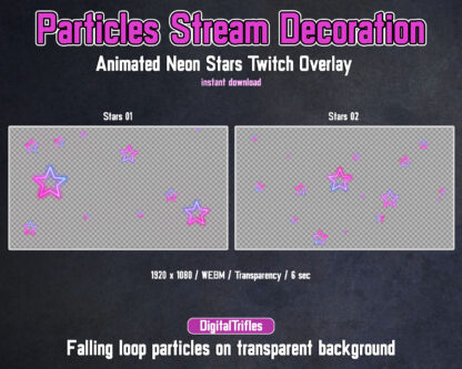 Neon stars stream decoration, animated asset for streaming scenes, Twitch overlay falling stars for streamers and vtubers. Pastel pink-blue gradient, fall glowing particles on transparent background
