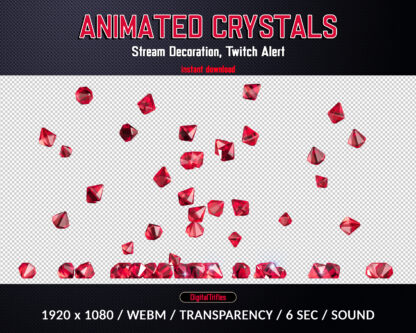 Red crystals Twitch alert, animated full screen overlay, falling sparkle gemstones, stream decoration rain of gems. This is perfectly for new subs, cheers, donations, bits, gifts etc