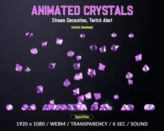 Purple crystals Twitch alert, animated full screen overlay, falling sparkle gemstones, stream decoration rain of gems. This is perfectly for new subs, cheers, donations, bits, gifts etc
