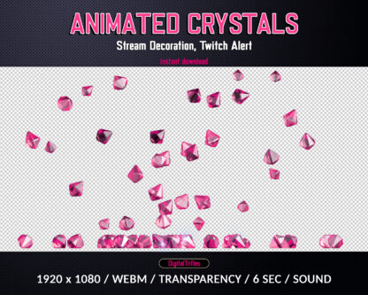 Pink crystals Twitch alert, animated full screen overlay, falling sparkle gemstones, stream decoration rain of gems. This is perfectly for new subs, cheers, donations, bits, gifts etc
